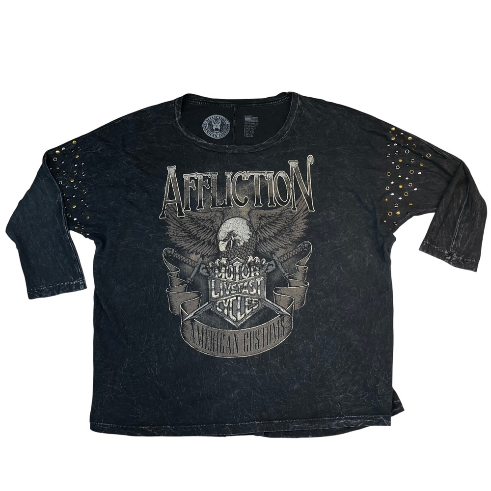 Affliction American Customs Studded Graphic Tee Black Mineral Wash Large Womens